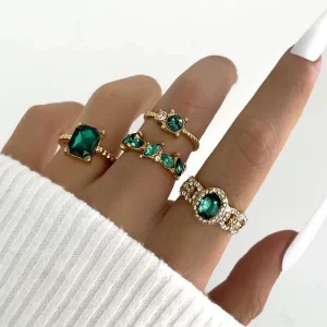 4 PEÇAS ANEL DECORAÇÃO DE STRASS E PEDRA VERDE